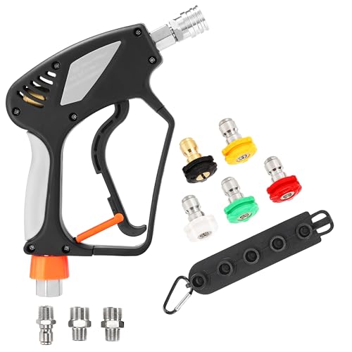 PWACCS Short Pressure Washer Gun with Swivel, 5000 PSI, Black | Power Washer Gun, 3/8" Quick Connector, M22 14mm/15mm Fitting, 5 Nozzle Tips with Holder - size: 3/8 Inch