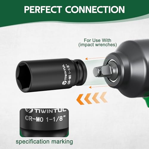 1-1/8" Deep Impact Socket 1/2 Inch Drive for Truck and SUV | CR-MO Steel Impact Socket, 3.07" Length, 6 Point Design, SAE Size, Axle Nut Socket for Easy Removal of Axle Shaft Nuts - size: 1-1/8" (Deep)