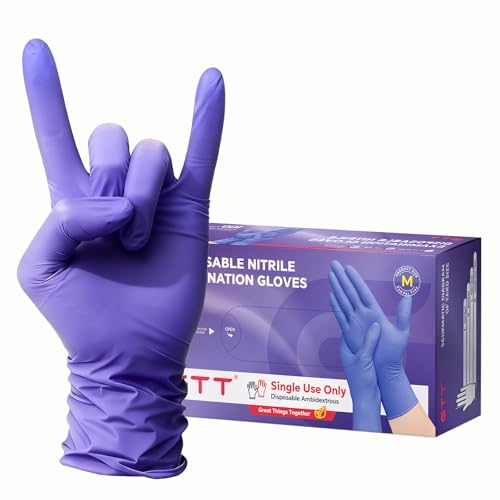 GTT Nitrile Exam Gloves, 5Mil, 100 Count, Powder-Free, Disposable Gloves | GTT 100pcs Disposable nitrile gloves for Medical Care, First Aid, Cleaning, Food Prep, Tattoo, Cooking, Purple Large - size: Large