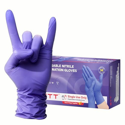 GTT Nitrile Exam Gloves, 5Mil, 100 Count, Powder-Free, Disposable Gloves | GTT 100pcs Disposable nitrile gloves for Medical Care, First Aid, Cleaning, Food Prep, Tattoo, Cooking, Purple Large - size: Small