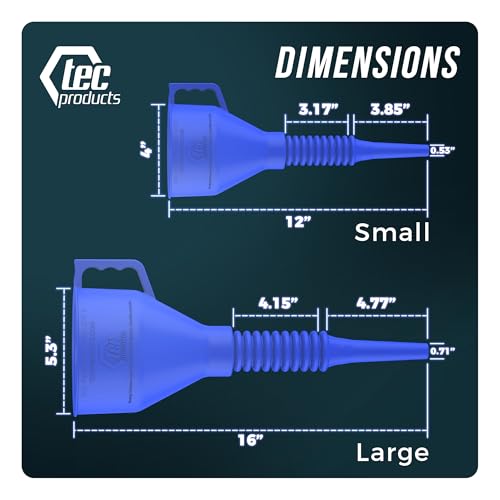 TEC Products FlexAll Long Flexible Funnels - Automotive Oil Funnel with Hose, Durable Nitrile Rubber for Oil Change, Transmission Funnel Fluid, Diesel, Fuel, Gas - Made in USA - Blue (12 x 4 Inches) - color: Blue, size: Small
