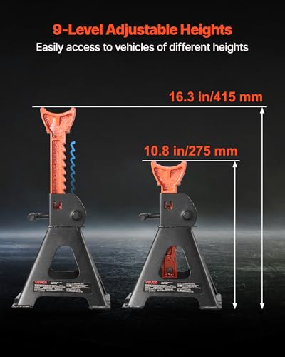VEVOR Jack Stands, 3 Ton (6,600 lbs) Capacity, 10.8-16.3 in Adjustable Height, Heavy Duty Steel Jack Auto Stands with Locking, for Lifting SUV, Pickup, Car and UTV/ATV, 1 Pair, Black and Orange