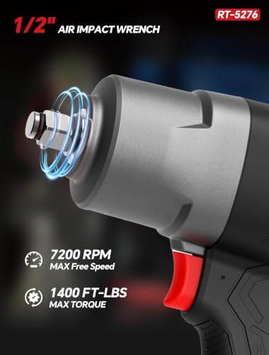 ROTAKE 1/2" Air Impact Wrench, 1400 ft-lbs, Twin Hammer, RT-5276 | 7200 RPM Speed, Heavy-Duty Aluminum Hammer Case, 5.14-lb Composite Body, 3-Speed Control, Tire Shops & Auto Repair - size: 1/2" (1400 ft-lbs)RT-5276