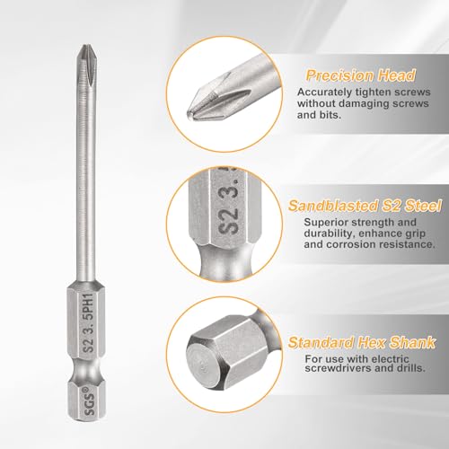 HARFINGTON 4pcs #1 Phillips Screwdriver Bit PH1 1/4" Hex Shank 2.6" (65mm) Long 0.14" Rod Magnetic Cross Head Drill Bits S2 Steel Industrial Screw Driver for Electric Power Tools, Gray - size: PH1 x 2.6" x 0.14"