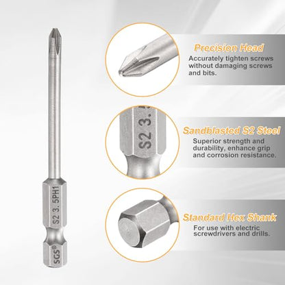 HARFINGTON 4pcs #1 Phillips Screwdriver Bit PH1 1/4" Hex Shank 2.6" (65mm) Long 0.14" Rod Magnetic Cross Head Drill Bits S2 Steel Industrial Screw Driver for Electric Power Tools, Gray - size: PH1 x 2.6" x 0.14"