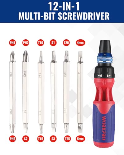 WORKPRO 12-in-1 Ratcheting Multi-Bit Screwdriver Set, Quick-load Mechanism Screwdriver with Double End Bits in Handle - size: Standard