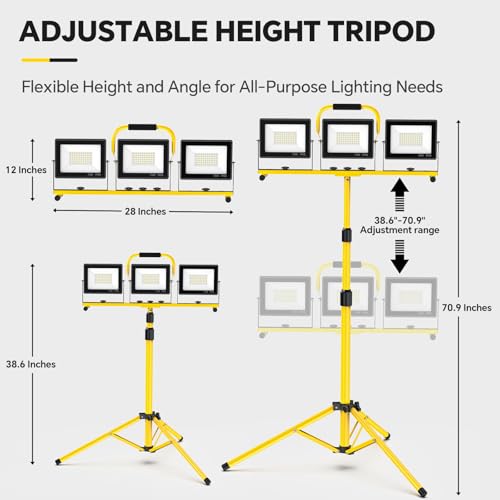 LED Work Lights with Stand: 3 Head Adjustable Work Light with Individual Switch, IP66 Waterproof Foldable Outdoor Tripod Light for Job Site Construction Lighting, Tool Gifts for Men - style: ‎3 Heads