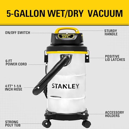 STANLEY Wet Dry Vacuum 5 Gallon with 4 HP Powerful Motor Suction,Stainless Steel Shop Vacuum Portable Wet Dry Vac for Jobsite, Workshop, Garage, Basement SL18130 - size: 5 Gallon(SL18130)