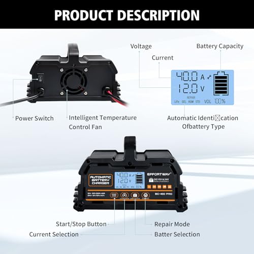 40A Battery Charger, 12V/24V Lead Acid Charger, 12V LiFePO4 Charger. Smart Battery Charger with Trickle Charge.Car Battery Maintainer with LCD Display. Suitable for Trucks,AMG,Motorcycles - size: 40A