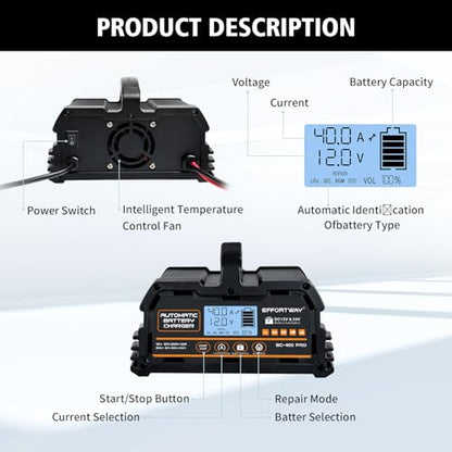 40A Battery Charger, 12V/24V Lead Acid Charger, 12V LiFePO4 Charger. Smart Battery Charger with Trickle Charge.Car Battery Maintainer with LCD Display. Suitable for Trucks,AMG,Motorcycles - size: 40A