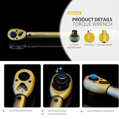Hairich 1/4 3/8 1/2 inch Drive Click Torque Wrench, 3Pcs Torque Wrench Set 20-240in.lb, 10-45ft.lb, 10-170ft.lb,72-Tooth Dual Range Scales with Quick Release Reversible Head for Car - color: Gold