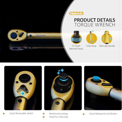 Hairich 1/4 3/8 1/2 inch Drive Click Torque Wrench, 3Pcs Torque Wrench Set 20-240in.lb, 10-45ft.lb, 10-170ft.lb,72-Tooth Dual Range Scales with Quick Release Reversible Head for Car - color: Gold