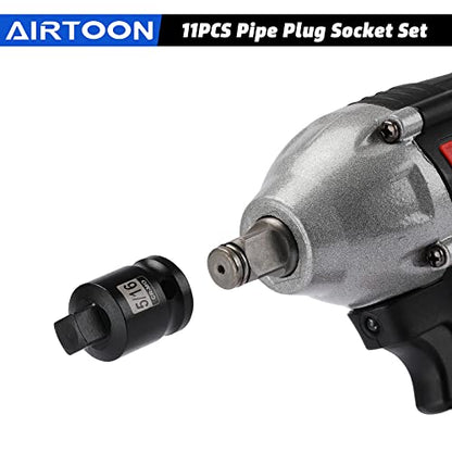 3/8" Drive Pipe Plug Socket Set, 11-Piece, SAE, CR-MO, Tapered Male Square Drive, Chamfered Female Square Drive - size: 3/8" Drive