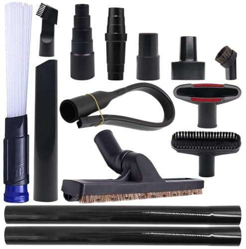Universal Vacuum Attachments for Shop Vac Accessories with 12 inch Hardwood Floor Brush, 1 1/4" to 2 1/2" Hose Adapter, 1.25" Vacuum Extension Wand, 25 inch Flexible Crevice Tool & Vacuum Hose - size: M 14 Pcs
