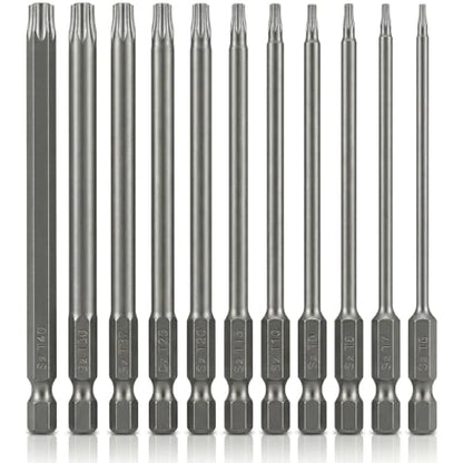 VESTTIO Security Torx Bit Set 11PCS 1/4 Inch Hex Shank 4 Inch/100 mm Length S2 Steel Extended Tamper Proof Star Bit Set with Magnetic for Power Screwdriver Drill Impact Driver - size: T6-T40/4 inch