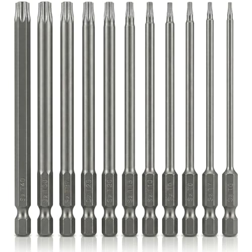 VESTTIO Security Torx Bit Set 11PCS 1/4 Inch Hex Shank 4 Inch/100 mm Length S2 Steel Extended Tamper Proof Star Bit Set with Magnetic for Power Screwdriver Drill Impact Driver - size: T6-T40/4 inch
