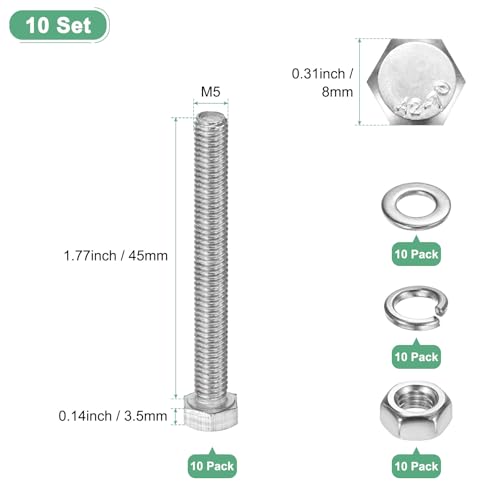M METERXITY 10-Pack Hex Head Screw Bolt with Nuts Flat & Lock Washers M5x45mm Stainless Steel Bolts and Nuts Kit Fully Threaded Metric Bolt Assortment for Equipment/Machinery - size: M5x45mm