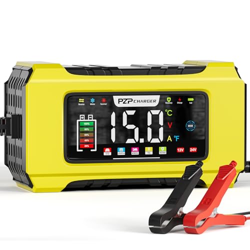PZP 15-Amp 12V/24V Smart Battery Charger, Maintainer & Trickle Charger for LiFePO4, Lead Acid Batteries - Fully Automatic 9-Stage Charging w/Temp Compensation for Motorcycle Car Truck Lawnmower Boat - color: Yellow