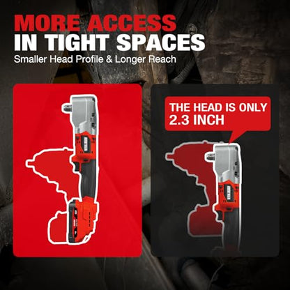Alloyman 20V Brushless Right Angle Impact Wrench, 207 Ft-lbs（280N.M）,1/2'' High Torque Cordless Power Tool with 2×2.0Ah Batteries, LED Light, 2-Speed Control, Compact 90° Design for Tight Spaces