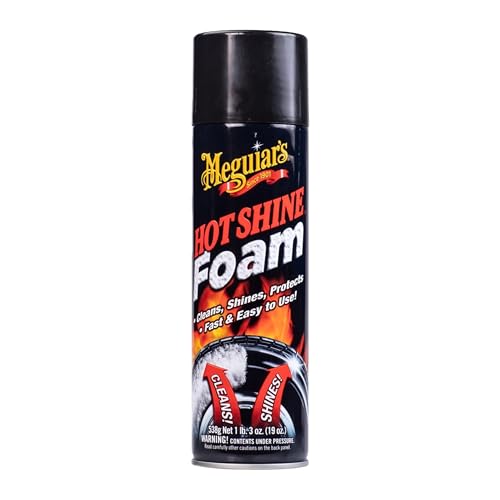 Meguiar's Hot Shine Tire Foam - High Goss Tire Shine that Cleans, Shines, and Protects in One, Deep, Black Shine with Conditioners and UV Protection to Help Keep Tires Looking Like New, 19 Oz Aerosol - size: 1-pack