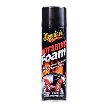 Meguiar's Hot Shine Tire Foam - High Goss Tire Shine that Cleans, Shines, and Protects in One, Deep, Black Shine with Conditioners and UV Protection to Help Keep Tires Looking Like New, 19 Oz Aerosol - size: 1-pack