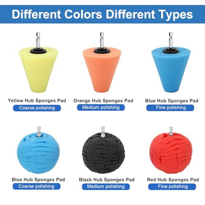 Linkstyle 8PCS Wheel Polishing Pads Kit for Drill, Foam Buffing Cone, Sponge Polishing Ball, with 1/4" Hex Extension Holder & Cleaning Brush for Car Rim, Wheel Hub, Motorcycle, Aluminum,Metal - style: Cone & Ball_8PCS