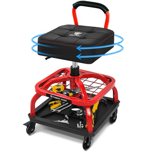 Rolling Shop Stool with Wheels, Garage Mechanic Shop Chair with Handle Backrest, Adjustable Height Work Stool, Roller Seat with Tool Tray Storage, Heavy Duty, 330 LBS Capacity, Red - color: D10-Red