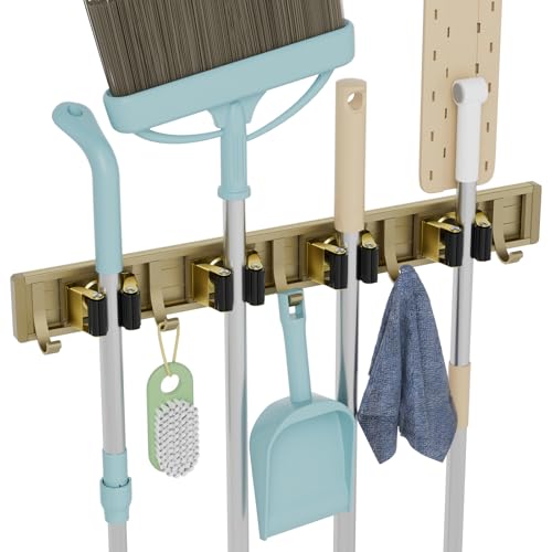 reliahom Broom Holder Wall Mount Mop Hanger Tools organizer 4Racks 5Hooks | Adjustable Mop Broom Wall Hanging Heavy duty Tools Storage Rack Space-saving for Garage,Kitchen,Laundry Room,Garden, Bronze - color: Bronze