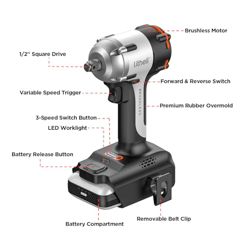 LiTHELi 20V Brushless Impact Wrench 1/2 inch, Max 332Ft-lbs High Torque Impact Gun, 2500RPM Power Impact Tool for Car & Home, Compatible 20V U-Battery (Tool Only, Battery Not Included) - color: Silver Black