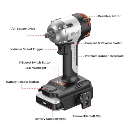 LiTHELi 20V Brushless Impact Wrench 1/2 inch, Max 332Ft-lbs High Torque Impact Gun, 2500RPM Power Impact Tool for Car & Home, Compatible 20V U-Battery (Tool Only, Battery Not Included) - color: Silver Black