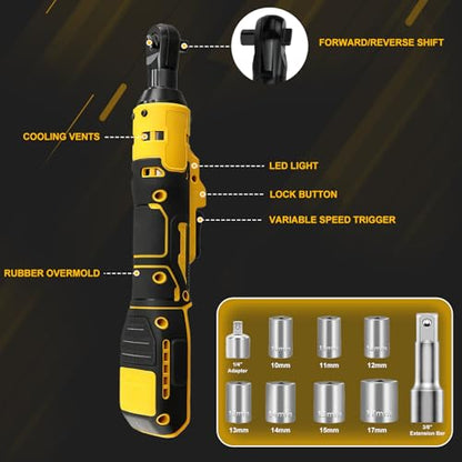 3/8" Electric Cordless Ratchet Right Angle Wrench Impact Power Tool Compatible with 20V DeWalt Battery with 7 Sockets, 3" Extension Bar, 1/4" Adapter(No Battery included)