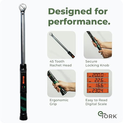 eTORK 1/2" Digital Torque Wrench, 25-250 ft-lb Heavy-Duty Automotive Tool | 1/2" Drive With Backlit Display for Automotive Maintenance, Motorcycle Service, Truck Repair, and Garage Projects - size: 1/2-Inch, style: 25-250 ft.-lb