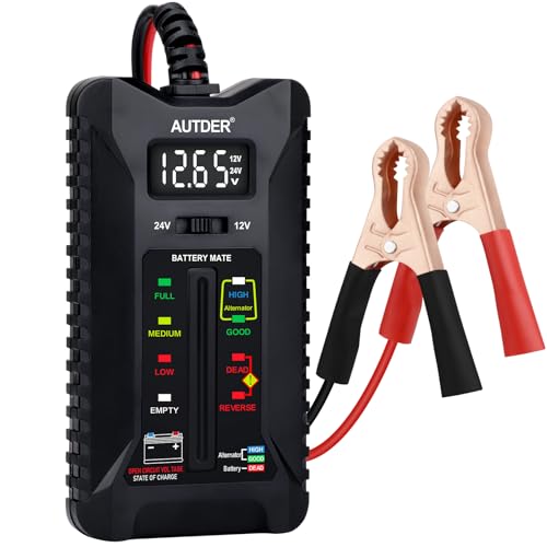 AUTDER 12V/24V Car Battery Tester, Digital Battery & Alternator Tester with LCD Display and LED Indicators, Automotive Voltage Analyzer with Reverse Protection for Cars, Motorcycles, RVs, Trucks