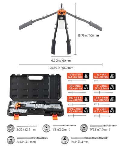 VEVOR Pop Rivet Gun Kit, with 230 Blind Rivets, Two-Handed Riveter with 5 Interchangeable Nosepieces, 5 Drill Bits, and a Carrying Case, Manual Riveting Tool for Metal, Automotive, Home, and DIY - size: 16", style: RIVET GUN