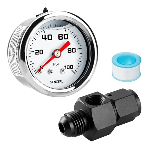 SENCTRL 0-100 Psi Fuel Pressure Gauge Kit with 6AN Fitting, Inline Low Pressure, Glycerin Liquid Filled, 1.5" Dial 1/8" NPT Back Mount for EFI Fuel System, Fuel Regulator Adapter, Engine - size: 0-100 Psi, style: Back Mount with 6AN fitting