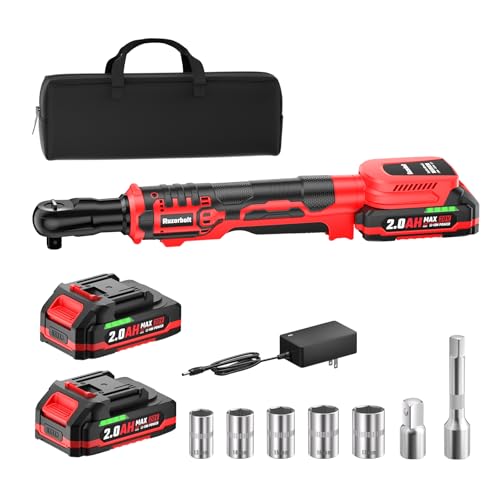20V Cordless Ratchet Wrench 3/8" Set, 88 Ft-lbs(120N.m), 500 RPM, Electric Ratchet Wrench with 2PCS 2000mAh Batteries, Variable Speed, LED Light, 5 Sockets, 1/2" Adapter, 3" Extension Bar