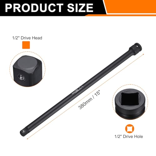HARFINGTON Impact Socket Extension Bar 1/2" Square Drive 15" Long CR-V Steel Extension Rod Ratchet Wrench Driver Adapter for Axle Nut Sockets, Black - size: 1/2" Square Drive 15" Long