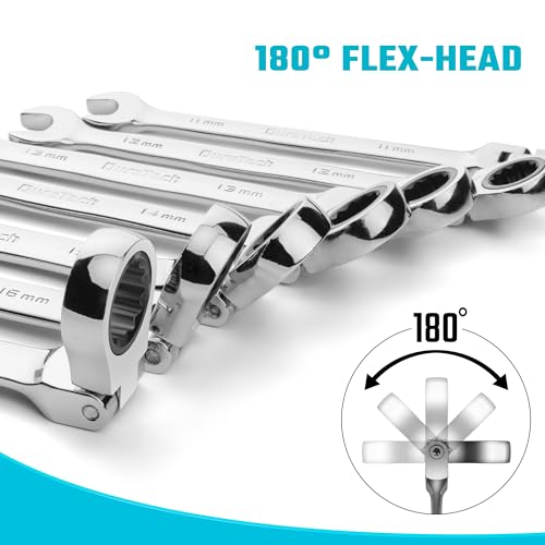 DURATECH 9-Piece Flex-Head Ratcheting Wrench Set, Metric | Combination Wrench, 72 Tooth, 8mm, 10mm, 11mm, 12mm, 13mm, 14mm, 15mm, 16mm, 17mm, CR-V Steel, Rolling Pouch Included - color: Silver, size: 8-17mm