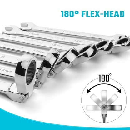 DURATECH 9-Piece Flex-Head Ratcheting Wrench Set, Metric | Combination Wrench, 72 Tooth, 8mm, 10mm, 11mm, 12mm, 13mm, 14mm, 15mm, 16mm, 17mm, CR-V Steel, Rolling Pouch Included - color: Silver, size: 8-17mm