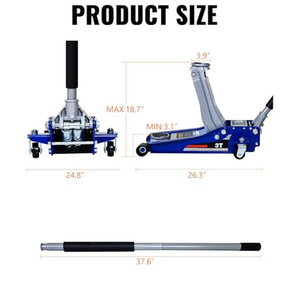 3 Ton Low Profile Hydraulic Floor Jack, Heavy Duty Steel Dual Piston Quick Lift Pump, CE Certified - size: 3T - Low Profile (3.1" Min Height)
