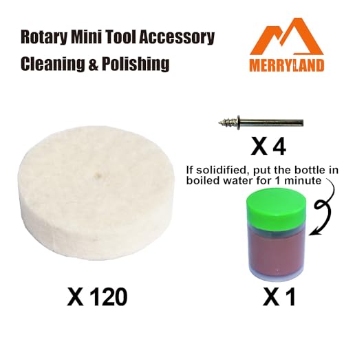 Merryland Flet Polishing Wheel for Dremel 125pcs, Polishing Pad Buffing Wheel 1inch 120pcs Polishing Compound Paste 1pcs and Mandrel 4pcs, Rotary Tool Accessory Set Electric Power Tool DIY, RMTA125C1 - style: 1" Felt Wheel 125pcs