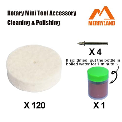 Merryland Flet Polishing Wheel for Dremel 125pcs, Polishing Pad Buffing Wheel 1inch 120pcs Polishing Compound Paste 1pcs and Mandrel 4pcs, Rotary Tool Accessory Set Electric Power Tool DIY, RMTA125C1 - style: 1" Felt Wheel 125pcs