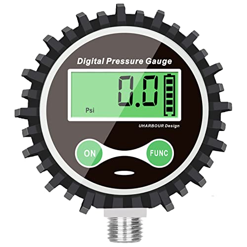 Uharbour Digital Air Pressure Gauge, Digital Pressure Gauge with 1/4'' NPT Bottom Connector and Rubber Protector, 5-200psi Digital Tire Gauge, Accuracy 1% .F.S. - size: 5-200PSI