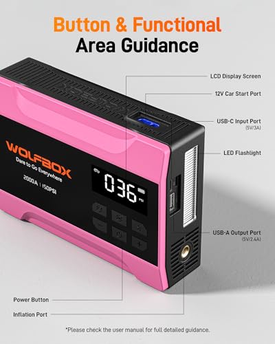 WOLFBOX 2000A Jump Starter with Air Compressor, 37Wh Car Battery Booster Jumper Starter Portable(up to 5L Gas Engine), 12V Jump Box Pack with 150PSI Tire Inflator, Jumper Cables, LED Light — Hot Pink - color: Hot Pink