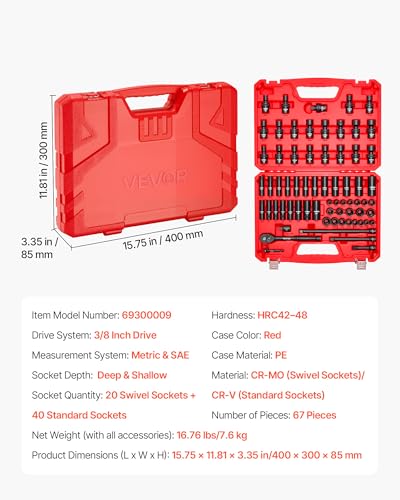 VEVOR Impact Socket Set 3/8" Drive, 67 PCS, CR-MO Swivel Sockets, SAE 5/16"-3/4" & Metric 8-19mm, 6 Point Shallow & Deep, Ratchet Handle, Extension Bars, Adapters, Universal Joint - style: 3/8" 67 PCS Swivel CR-MO