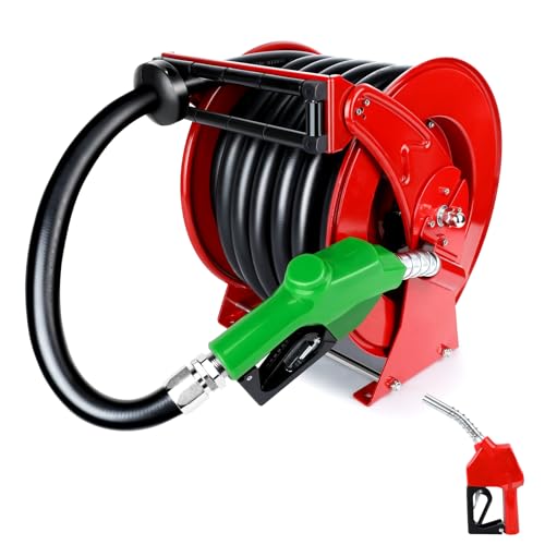 1“ x 50ft Diesel Fuel Hose Reel Retractable with Fuel Nozzle, 1 Inch Fuel Transfer Pump Hose, Auto Swivel Rewind, Max 300 PSI Tank Hose, Easy Use for Farms Boat Truck Bed Trailer Cart - color: Red, size: 1" x 50ft