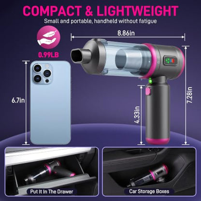 Car Vacuum Portable Cordless, 30000PA 3-in-1 Car Vacuum Cleaner High Power | LED Light, Brushless Air Duster Combo, 0.99lbs Lightweight Compact Mini Cordless Vacuum Cleaner for Car, Home, Pet