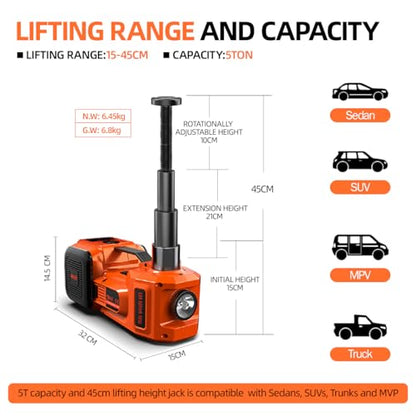 Car Jack Electric Hydraulic Jack Kit 5Ton 155-450mm LCD Display Lift Inflator LED Light Impact Wrench 12V Portable Outdoor Home Emergency Tire Change Roadside Rescue Set - size: 5T-LCD Meter-Jack+Pump+Light+Wrench