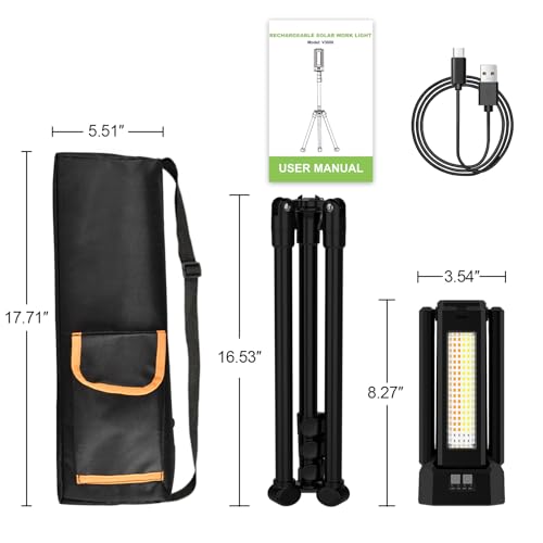 iodoo 13200mAh Rechargeable Solar Work Light with Folding Stand Support and Portable Carrying Bag, 8000 Lumen Stepless Dimmable, 4 Lighting Modes, White/Warm/Warm White (Black(Standard)) - size: Black(Standard)