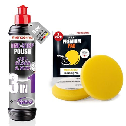menzerna All-in-One polishing Kit I Car polishing Set with Menzerna One-Step Polish 3in1 (8oz) and 3.5 Inch Polishing Pad I Moderate Scratch Remover, high Gloss and Wax Kit for All Types of Vehicles - style: 8oz. + Pad